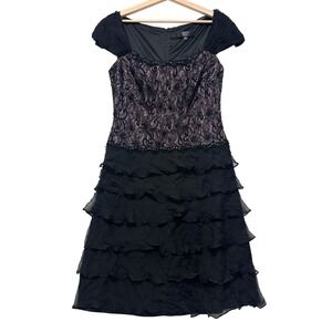 Tadashi Collection silk Black Lace Ruffle Tiered Cap Sleeve Cocktail Dress sz 12